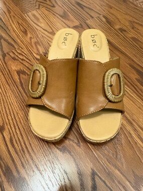 b.o.c. Womens Tan Slip-On Mules with Decorative Gold Buckle